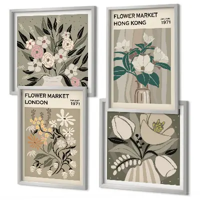 Set van posters met lijst bloemenillustraties van Londen en Hong Kong