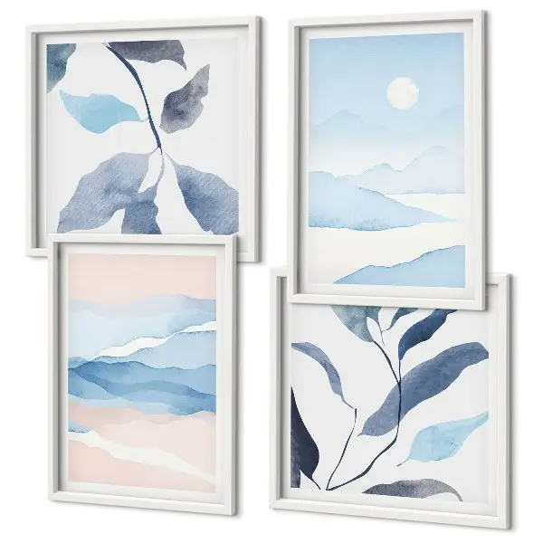 Set posters met lijst berglandschappen met aquarelplanten