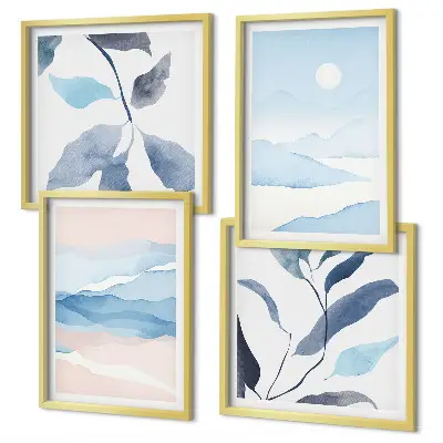 Set posters met lijst berglandschappen met aquarelplanten
