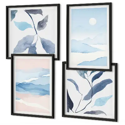 Set posters met lijst berglandschappen met aquarelplanten