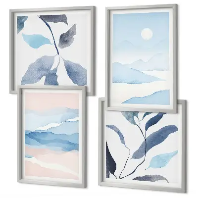 Set posters met lijst berglandschappen met aquarelplanten