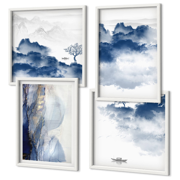 Set van posters met lijst Bergen, wolken, bomen, vogels op de achtergrond