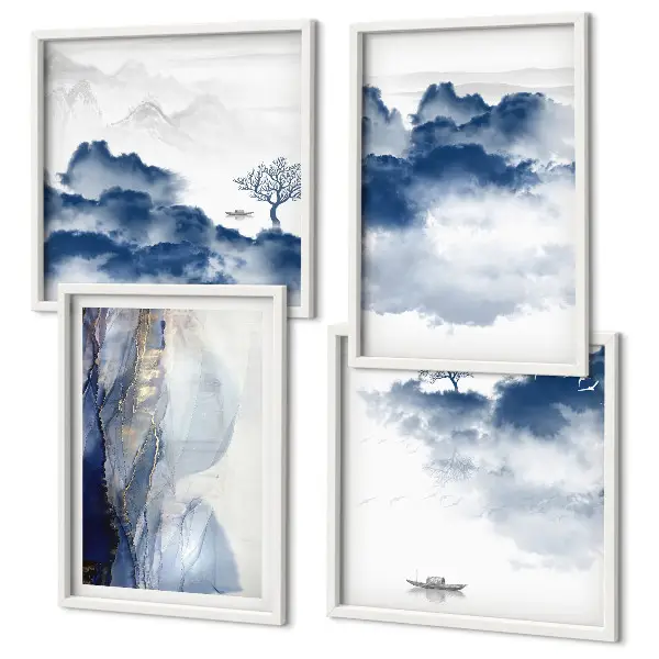 Set posters met lijst met een afbeelding van bergen, wolken, bomen en vogels op de achtergrond