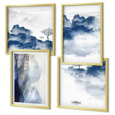 Set posters met lijst met een afbeelding van bergen, wolken, bomen en vogels op de achtergrond