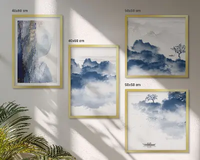 Set posters met lijst met een afbeelding van bergen, wolken, bomen en vogels op de achtergrond