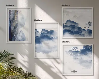Set posters met lijst met een afbeelding van bergen, wolken, bomen en vogels op de achtergrond