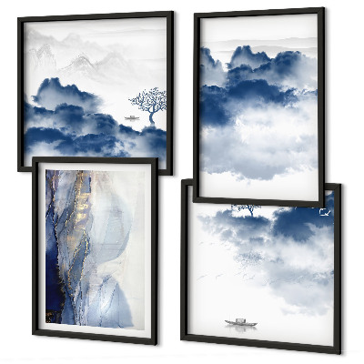 Set van posters met lijst Bergen, wolken, bomen, vogels op de achtergrond