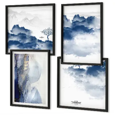 Set posters met lijst met een afbeelding van bergen, wolken, bomen en vogels op de achtergrond