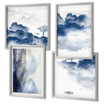 Set van posters met lijst Bergen, wolken, bomen, vogels op de achtergrond