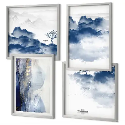Set posters met lijst met een afbeelding van bergen, wolken, bomen en vogels op de achtergrond