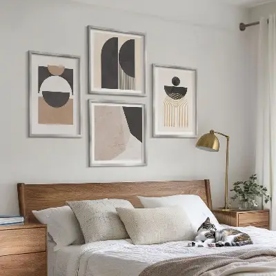 Abstracte vormen beige bruin meerluik in lijst