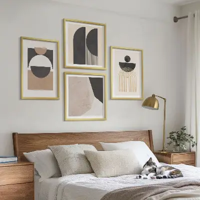 Abstracte vormen beige bruin meerluik in lijst