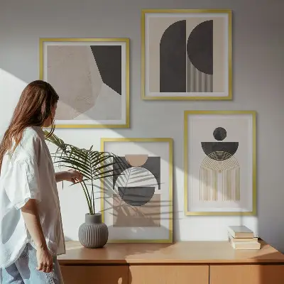 Abstracte vormen beige bruin meerluik in lijst