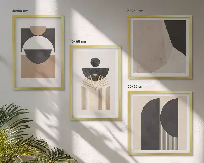 Abstracte vormen beige bruin meerluik in lijst