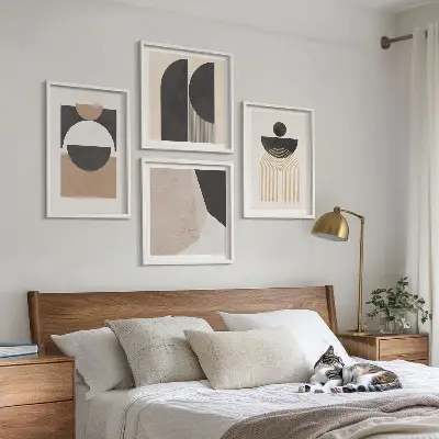 Abstracte vormen beige bruin meerluik in lijst