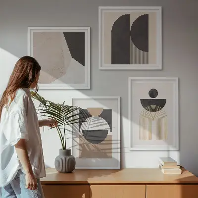 Abstracte vormen beige bruin meerluik in lijst