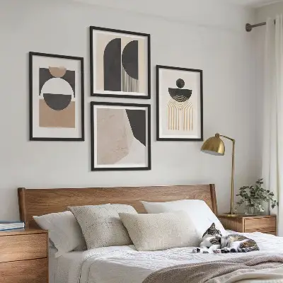 Abstracte vormen beige bruin meerluik in lijst