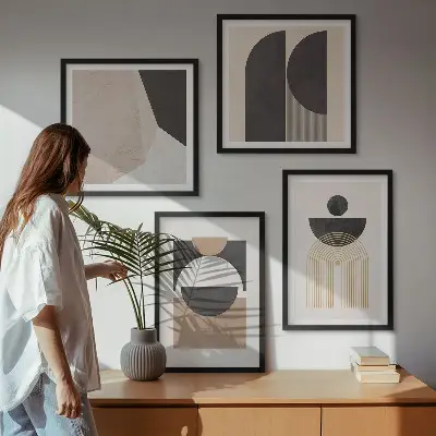 Abstracte vormen beige bruin meerluik in lijst