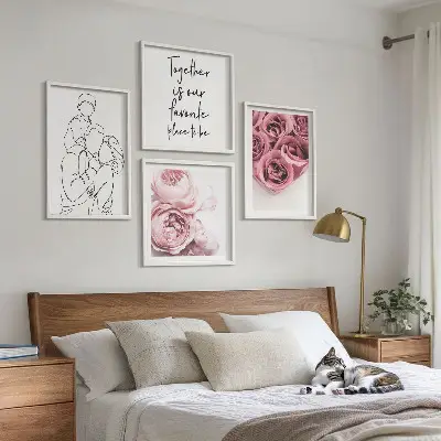 Familieboeketten met rozen in lijntekening set van posters met lijst