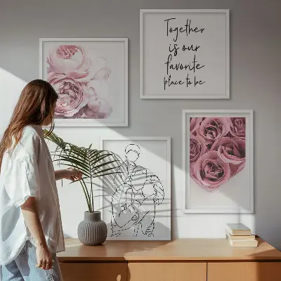 Familieboeketten met rozen in lijntekening set van posters met lijst