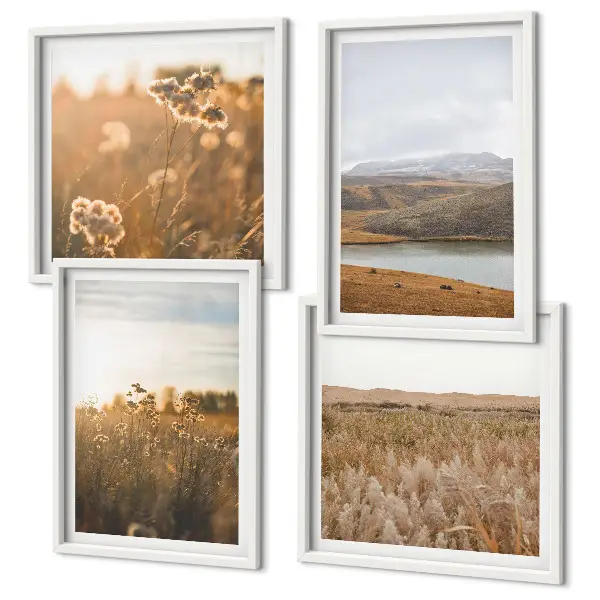 Set posters met lijst landschap met weiden, bergen en een meer