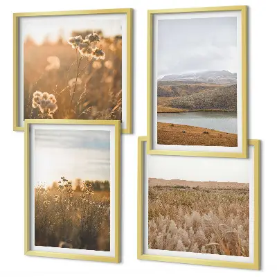 Set posters met lijst landschap met weiden, bergen en een meer