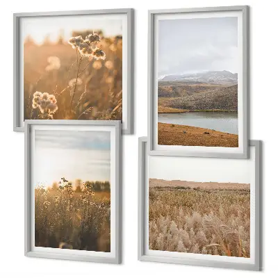 Set posters met lijst landschap met weiden, bergen en een meer