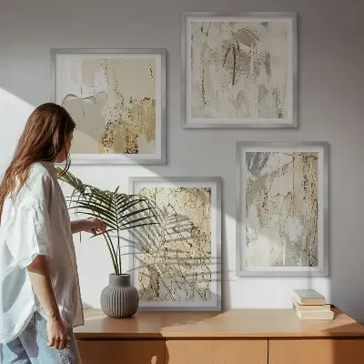 Beige abstracte vormen en lijnen meerluik in lijst