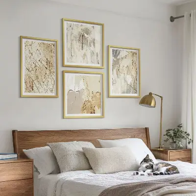 Beige abstracte vormen en lijnen meerluik in lijst