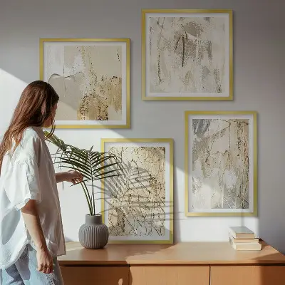 Beige abstracte vormen en lijnen meerluik in lijst