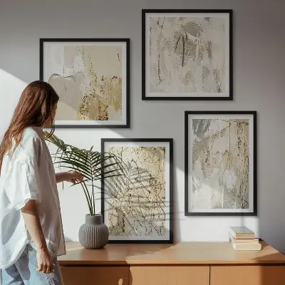 Beige abstracte vormen en lijnen meerluik in lijst
