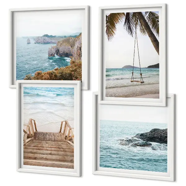 Set van posters met lijst met uitzicht op een strand en zee met een schommel