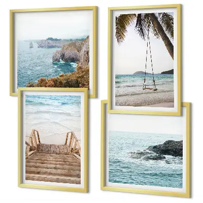 Set van posters met lijst met uitzicht op een strand en zee met een schommel