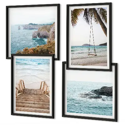 Set van posters met lijst met uitzicht op een strand en zee met een schommel