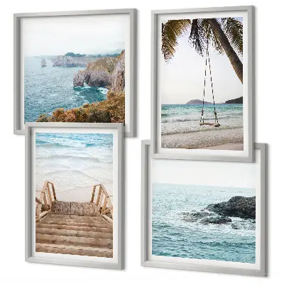 Set van posters met lijst met uitzicht op een strand en zee met een schommel