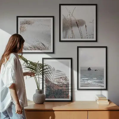 Abstracte golven in grijs pastel set van posters met lijst