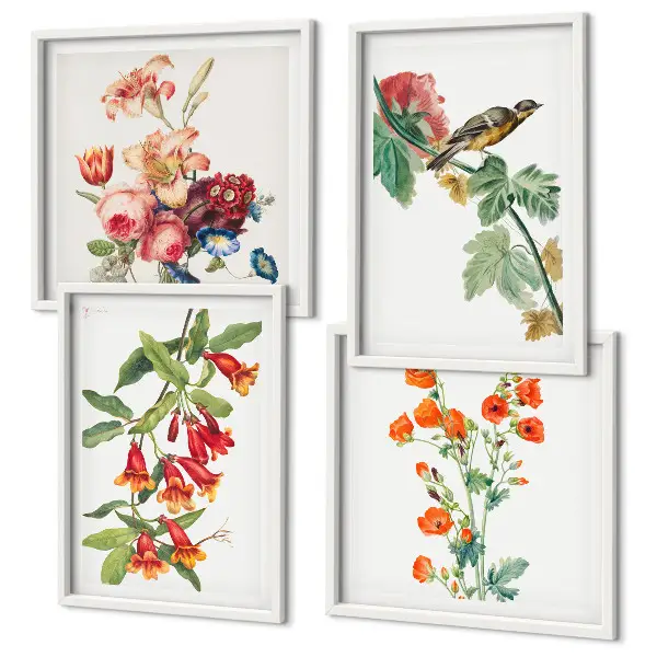 Meerluik in lijst met geschilderde bloemen en retro vogel
