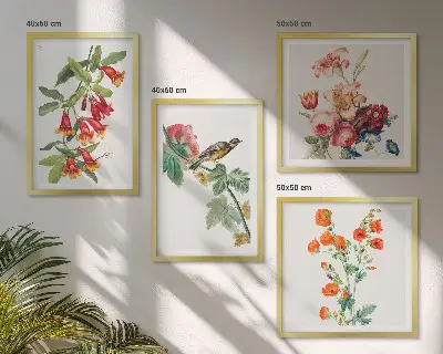 Meerluik in lijst met geschilderde bloemen en retro vogel 