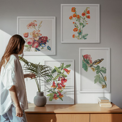 Meerluik in lijst Geschilderde bloemen retro vogel