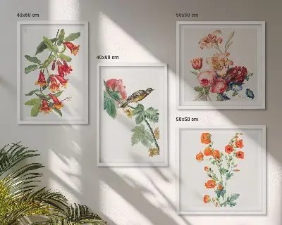 Meerluik in lijst met geschilderde bloemen en retro vogel 