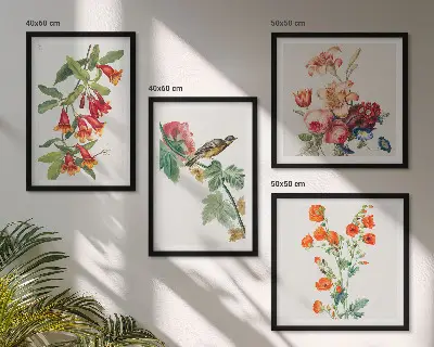 Meerluik in lijst met geschilderde bloemen en retro vogel 