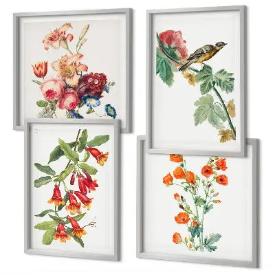 Meerluik in lijst met geschilderde bloemen en retro vogel 