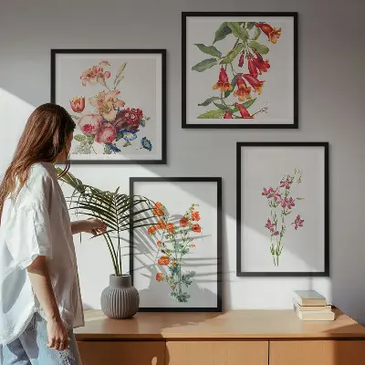 Bloemenschilderij in retrostijl set van posters met lijst