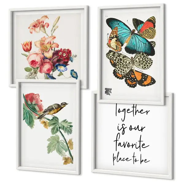 Set posters met lijst bloemen, vlinders en vogels in pastelkleuren