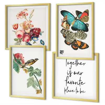 Set posters met lijst bloemen, vlinders en vogels in pastelkleuren