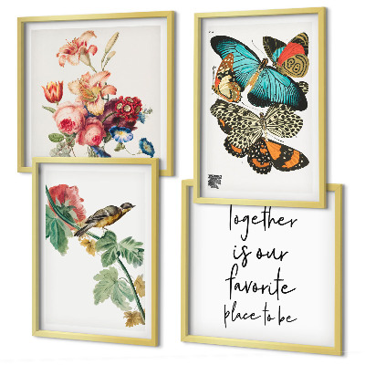 Set van posters met lijst Bloemen, vlinders, vogels, pastelkleuren