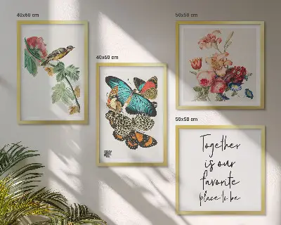 Set posters met lijst bloemen, vlinders en vogels in pastelkleuren