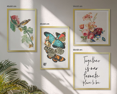 Set van posters met lijst Bloemen, vlinders, vogels, pastelkleuren