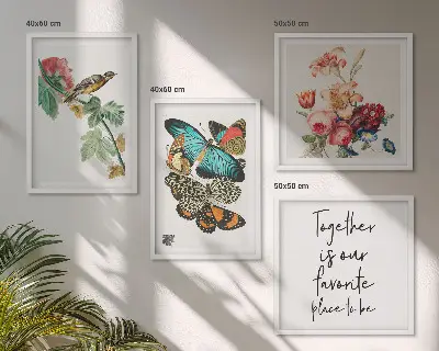 Set posters met lijst bloemen, vlinders en vogels in pastelkleuren