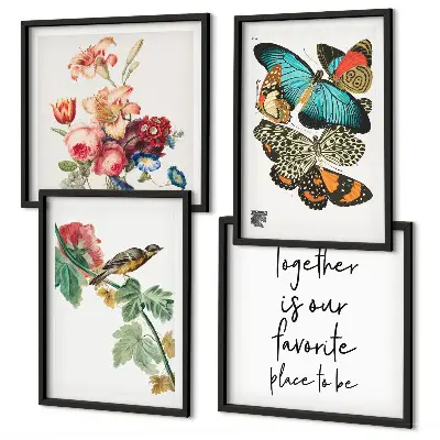 Set posters met lijst bloemen, vlinders en vogels in pastelkleuren